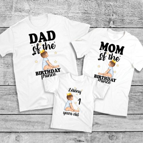 Személyre szabható családi póló szett Birthday Prince kisfiú-Baba pólóval