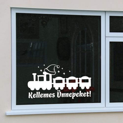 Karácsonyi ablakmatrica – Ünnepi vonat „Kellemes Ünnepeket” felirattal