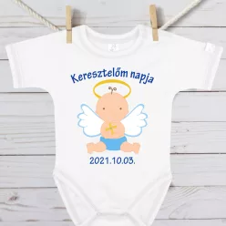   Kisfiús Keresztelő Baba Body – Kék Angyalkás "Keresztelőm Napja" Minta Dátummal