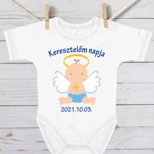 Kisfiús Keresztelő Baba Body – Kék Angyalkás "Keresztelőm Napja" Minta Dátummal