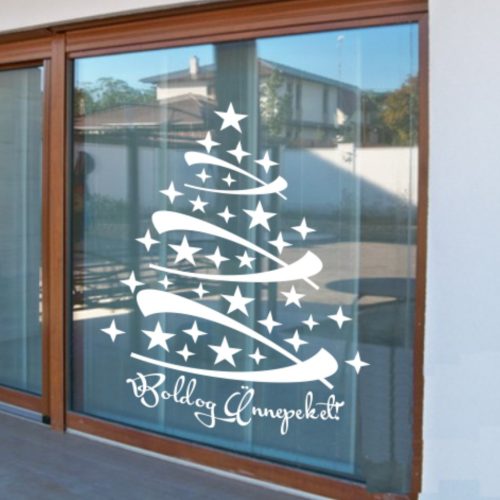 Karácsonyi ablakmatrica csillagos fenyőfával és „Boldog Ünnepeket” felirattal