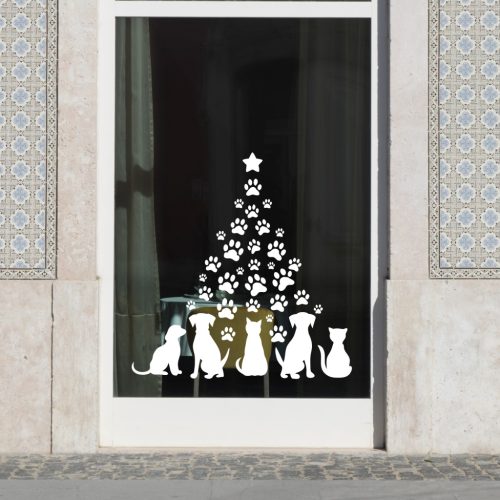 Karácsonyi ablakmatrica kutyás–cicás mancsfa mintával