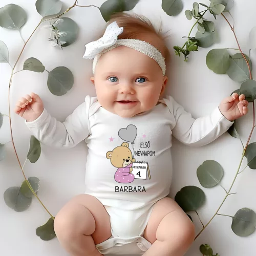 Baba body „Első névnapom” – Macis minta fiús és lányos színekben