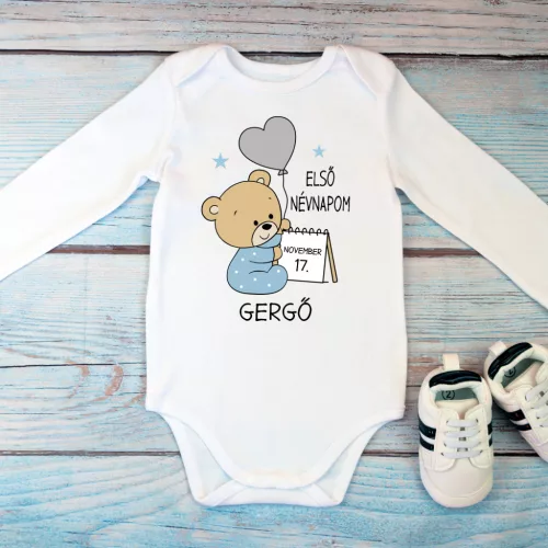 Baba body „Első névnapom” – Macis minta fiús és lányos színekben