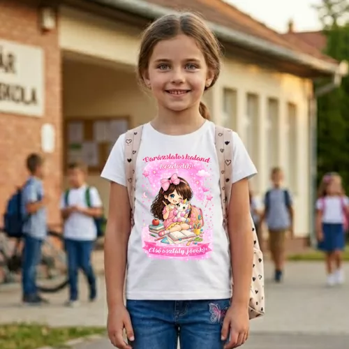 Iskolakezdő Lányka Póló – Unikornisos "Varázslatos Kaland Kezdődik"