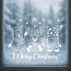   Karácsonyi ablakmatrica – Hóember, rénszarvas és manó „Merry Christmas” felirattal