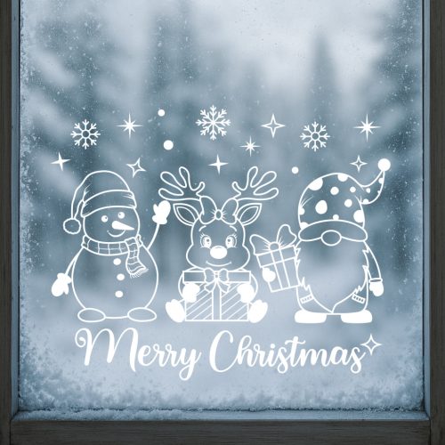 Karácsonyi ablakmatrica – Hóember, rénszarvas és manó „Merry Christmas” felirattal