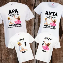   Személyre szabható szülinapos családi póló szett kisfiú és kislány motívumos-baba pólóval