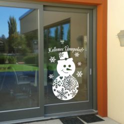   Karácsonyi ablakmatrica – Hóember hópelyhekkel és „Kellemes Ünnepeket” felirattal