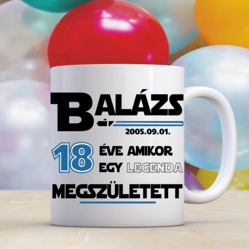 Egyedi születésnapi bögre névvel és évszámmal – „Amikor egy legenda megszületett”