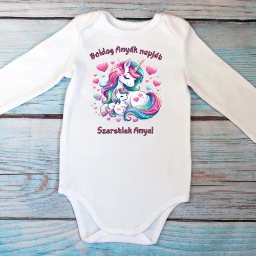 Anyák napi baba body szivárványos unikornissal – Szeretlek Anya!