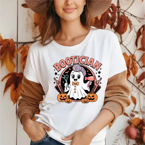Női fodrászos Halloween póló – „Bootician” szellemes stílusban