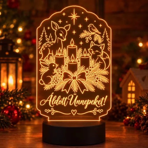 Adventi koszorú 3D LED lámpa aranyos állatkákkal – meghitt karácsonyi dekoráció