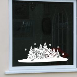   Téli táj karácsonyi ablakmatrica – havas falu és fenyőfák ünnepi dekoráció