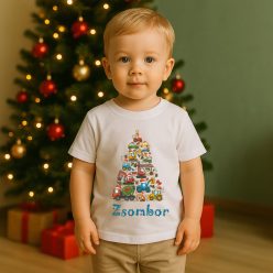   Karácsonyi baba póló névvel – Munkagépes karácsonyfa mintával