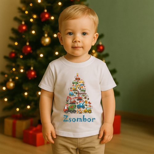 Karácsonyi baba póló névvel – Munkagépes karácsonyfa mintával