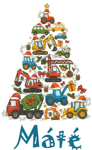 Karácsonyi baba póló névvel – Munkagépes karácsonyfa mintával