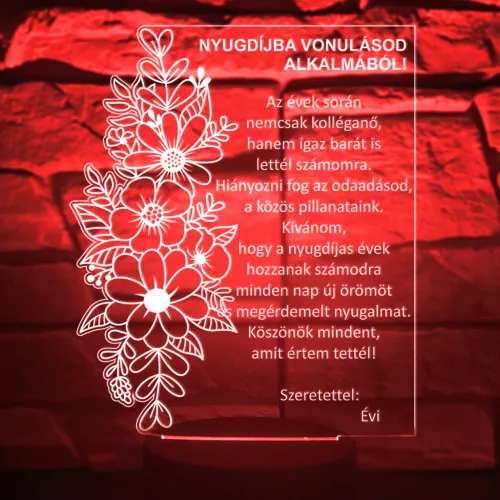 Nyugdíjas ajándék 3D LED lámpa – személyre szabható búcsúztató lámpa virágmintával