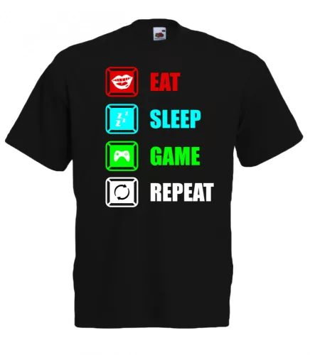 EAT, SLEEP, GAME, REPART, gamer póló