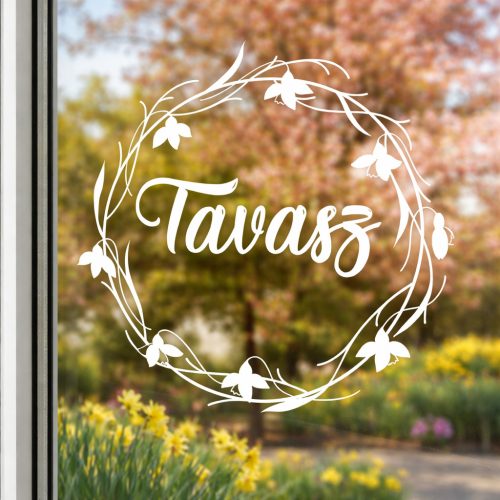 Tavaszi ablakmatrica virágkoszorú-Tavasz felirattal