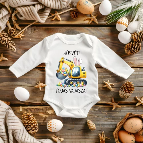 Tojásvadász Markoló– Fiús Húsvéti Baba Body Munkagépes Mintával