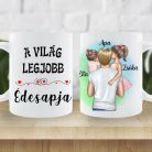 Személyre szabható apás bögre két kislánnyal – Egyedi ajándék bőr-, haj- és névvariációval