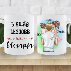   Személyre szabható apás bögre két kislánnyal – Egyedi ajándék bőr-, haj- és névvariációval