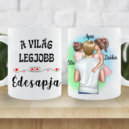 Személyre szabható apás bögre két kislánnyal – Egyedi ajándék bőr-, haj- és névvariációval