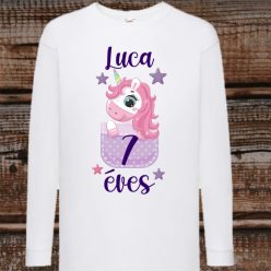   Unicornis születésnapi hosszú ujjú gyerek póló – névvel, unisex fazonban