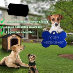   Csont alakú biléta, kutyabiléta, név és telefonszám, kontúr gravírozással