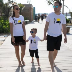   King – Queen – Little King családi póló szett koronával