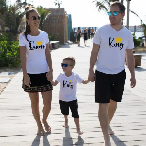 King – Queen – Little King családi póló szett koronával
