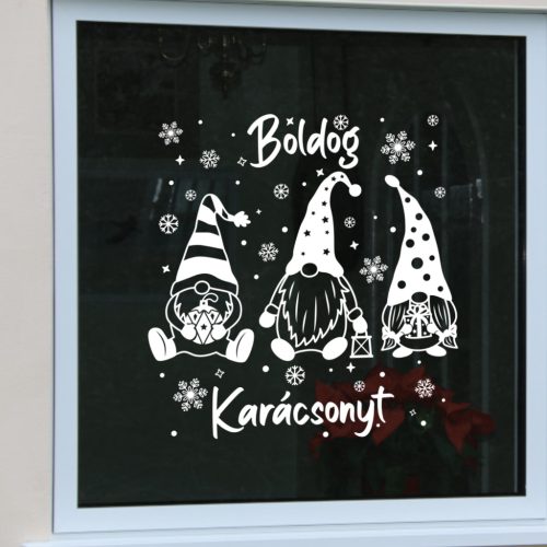Karácsonyi ablakmatrica – Boldog Karácsonyt felirattal és három manóval