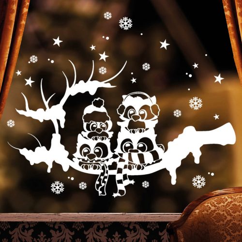 Karácsonyi ablakmatrica baglyokkal faágon – hópelyhes ünnepi dekoráció