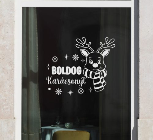 Karácsonyi ablakmatrica – Boldog Karácsonyt rénszarvassal és hópelyhekkel