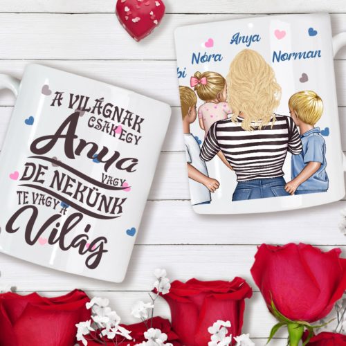 Egyedi anya bögre – „A világnak csak egy Anya vagy…” felirattal és személyre szabható karakterekkel