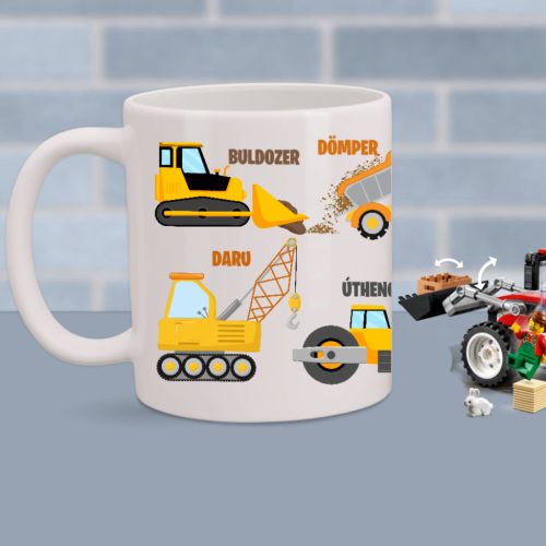 Munkagépes gyerek bögre – színes építkezős mintával