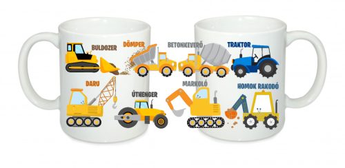 Munkagépes gyerek bögre – színes építkezős mintával