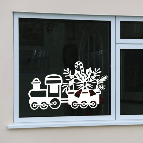 Karácsonyi vonat ablakmatrica – ajándékos kocsival