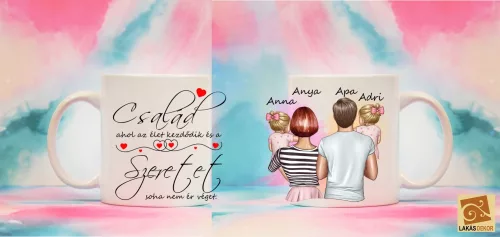 Család, ahol az élet kezdődik egyedi családi bögre Iker lányokkal