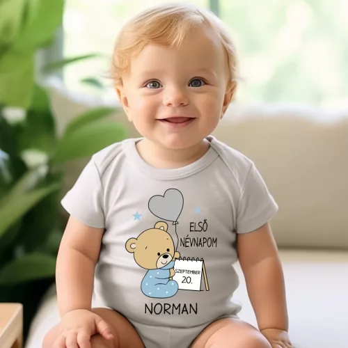 Baba body „Első névnapom” – Macis minta fiús és lányos színekben