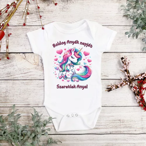 Anyák napi baba body szivárványos unikornissal – Szeretlek Anya!