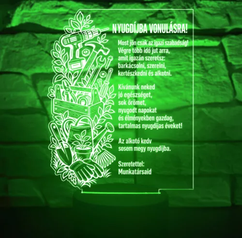 Nyugdíjba vonulásra 3D LED lámpa – barkácsolós, kertészkedős, szívhez szóló ajándék