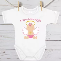   Kislányos Keresztelő Baba Body – Rózsaszín Angyalkás "Keresztelőm Napja"