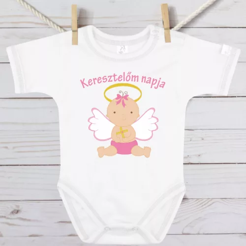 Kislányos Keresztelő Baba Body – Rózsaszín Angyalkás "Keresztelőm Napja"