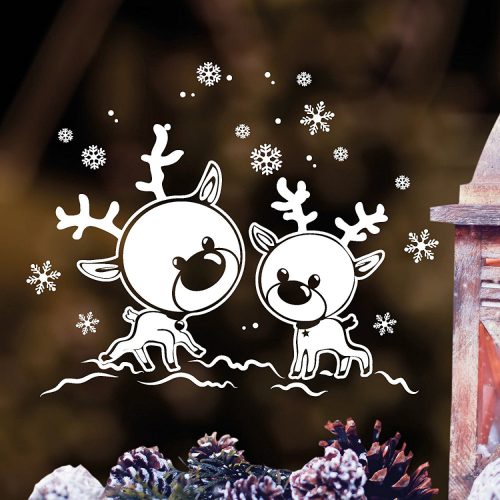 Karácsonyi ablakmatrica két szarvas figurával és hópelyhekkel