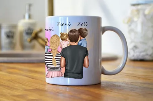 Család, ahol az élet kezdődik egyedi családi bögre Két fiú, egy lány