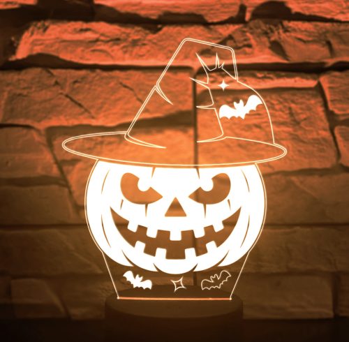 Tökös halloweeni 3D LED lámpa – boszorkánykalapos dekor