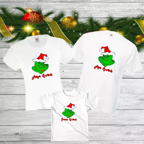 Grinch családi póló szett – Anya, Apa és Baba karácsonyi póló