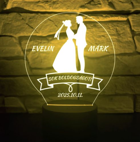 Esküvő, Eljegyzés, Házassági 3D hatású asztali LED lámpa – személyre szabható
